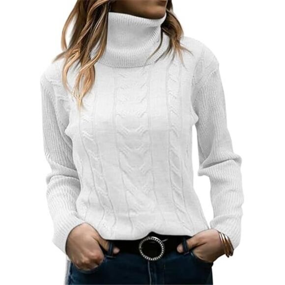 Women's Turtleneck Sweater – Long Sleeve Cable Knit Design - Picture 3 of 3